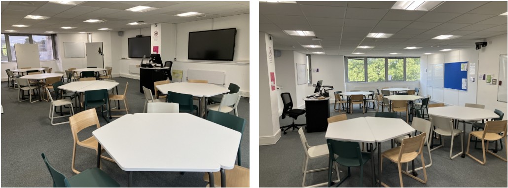 Classroom with tables and chairs set up for active learning.